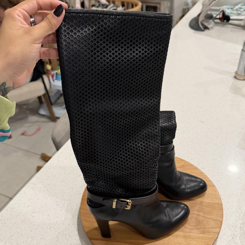 Sergio Rossi Boots 10 Mesh Leather Mid Calf Black Buckle Italy Chic Luxury Chic